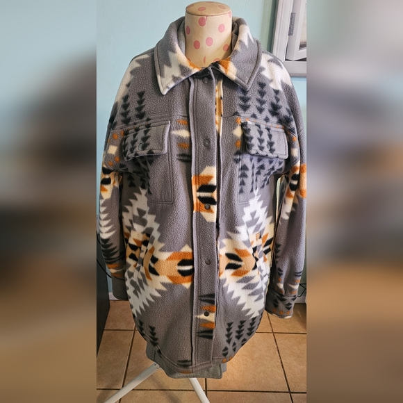 Women Southwestern Gray Brown White Black Patterned Jacket - Picture 10 of 15